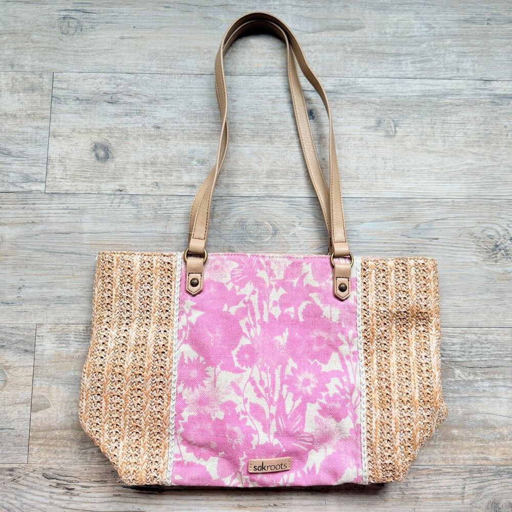 Sakroots Meadow Rose In Bloom Straw Tote Bag Recycled Canvas Floral Pink Beach
